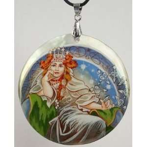Mother of Pearl Russian Hand Painted Pendant (#0757)Art Nouveau style 