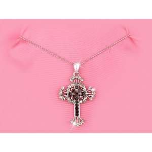  Black Swarovski Cross on Silver Beaded Necklace 