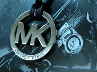 New Michael Kors Polished Silver Chrome MK & Black Leather Strap 
