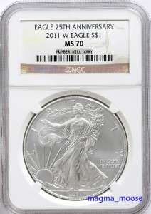 2011 W NGC MS70 American Silver Eagle Burnished MS 70 Coin 25th Brown 