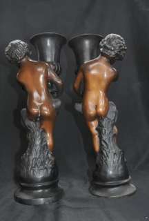 Pair Italian Bronze Cherub Urn Statues Cherubim Putti  