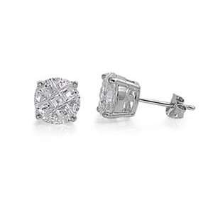   75ctw) Sterling Silver Basket Set ROUND Invisible Cut Cz Stud Earrings