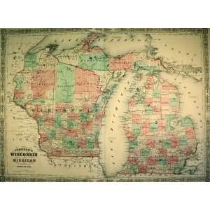  Johnson Map of Michigan and Wisconsin (1869) Office 