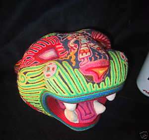 Huge 8” Vintage Huichol Art Jaguar Head Yarn Painted @@  