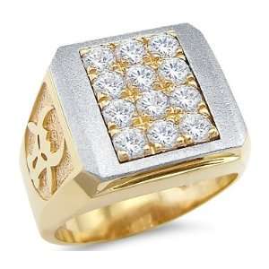   14k Yellow and White Gold Mens Large Round CZ Cubic Zirconia Bull Ring