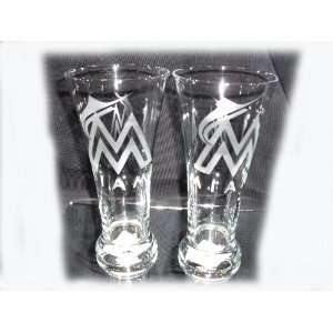 Miami Marlins Etched Pilsner 19.5 oz Glasses Set of 2