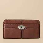 Brand New Fossil Ladies Maddox Zip Clutch Dark Brown Leather Wallet 