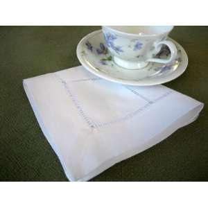 Dozen White Square Hemstitched Linen Tea Napkins   12 inch  