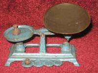 ANTIQUE CAST IRON TOY BALANCE SCALE WITH PAN & 2 WEIGHTS  