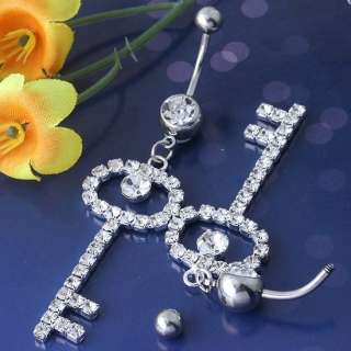 14G Clear Crystal Key Dangle Belly Navel Ring Piercing  