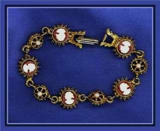 Vnt 1950s Designer LJM Cameo Bracelet W/ Faux Pearls  