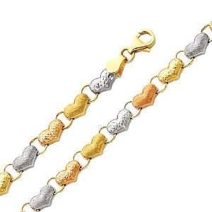 14K 3 Tri color Diamond Cut Stampato Heart Bracelet with Lobster Claw 