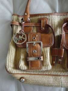 Michael Kors Used Panama Handbag Purse bag straw leather brown gold 