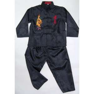  Kids Chinese Dragon Kung Fu Shirt Pants Set Black 