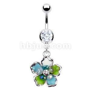   Steel Navel Ring with Stone Gem Cluster Center Epoxy Flower: Jewelry