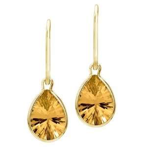  Bezel Set Pear Citrine Dangling Earrings 14K Yellow Gold 