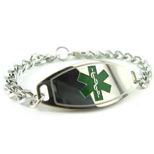   Medical ID Bracelet, Green Symbol, Curb Chain   Free ID Card Jewelry