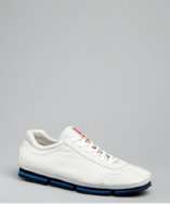   white leather lace up and blue stripe sole sneakers style# 319254001
