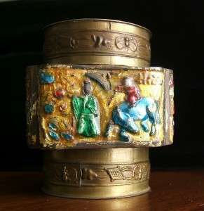 Vintage Antique Chinese Enamel Tea Caddy Box ~ Ornate Scenic Brass Old 