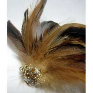  Large Brown Feather Hair Clip with Amber Crystals Beauty