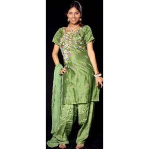  Green Chanderi Suit with Floral Embroidery and Sequins 