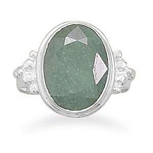 Large Oval Rough Cut Emerald Silver Ring With Bead Design Band. Sizes 