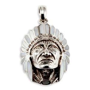  American Indian Head Mother of Pearl 925 Silver Pendant Jewelry