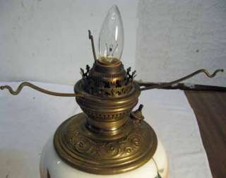 ANTIQUE 1890 BRASS & HP MILK GLASS GWTW PARLOR LAMP  