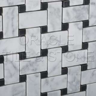 Carrara White Marble Honed Basketweave w/ Blk Dots  