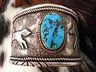 TURQUOISE AND STERLING SILVER HORSE OVERLAY ON TUFA LARGE STAMPED CUFF 