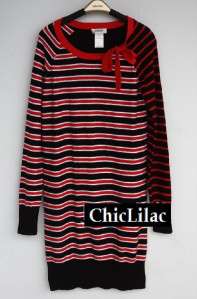 NEW $295 Sonia Rykiel Black Red Stripe Bow Neck Sweater Cotton Dress S 