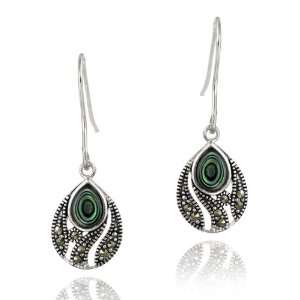   Sterling Silver Abalone & Marcasite Teardrop Dangle Earrings: Jewelry