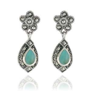   : Sterling Silver Marcasite and Turquoise Pear Drop Earrings: Jewelry