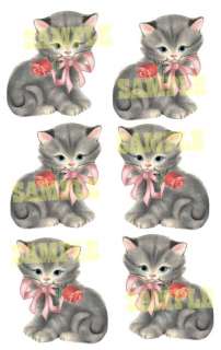 Vintage Cats with Pink Bow and Rose Prints set of 6 girl  