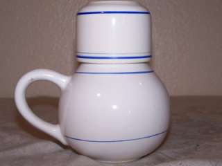   Pottery Tumble Up Pitcher and Cup White w/ Blue Trim, Pink Flowers