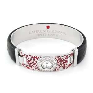   Leather Bangle Bracelet And Red Enamel Swirl Design And CZ Bar Clasp