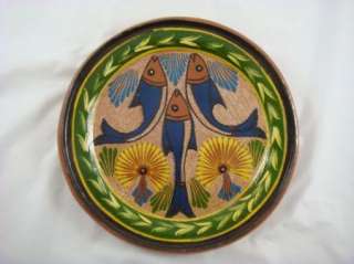   Folk Art Pottery Hand Painted Textured Fish Plate Charger 10  