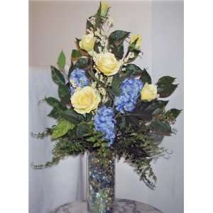  Blue Hyacinth & Yellow Silk Rose Floral Arrangement