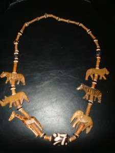   Carved Wooden Necklace  Exotic Animals  Vintage Wood Jewelry  
