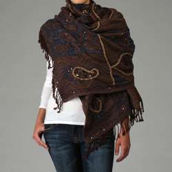 Tolani Vintage Blue/ Brown Embroidered Fringed Scarf  