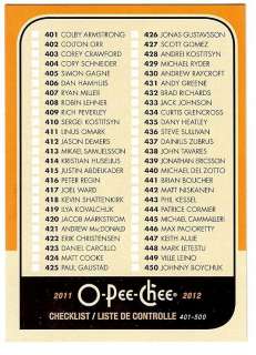 2011 12 Upper Deck O Pee Chee Hockey #500 Checklist 401 500  
