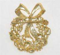 Vintage Gold Tone Enamel Christmas Wreath Brooch  