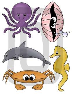 The octopus is 4 x 4.5, the clam is 3.5 x 4.75, the dolphin is 3 x 