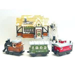  Department 56 Snow Village Train Station and 3 Train Cars 