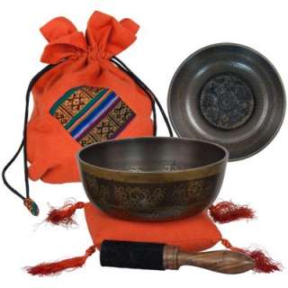 Auspicious Symbols Singing Bowl with Mallet, Cushion, and Case 