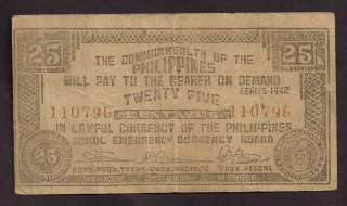 PHILIPPINES WW2 EMERGENCY CURRENCY 1942 25 CENT   0796  