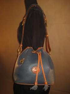   Vintage Rare Blue Tan Leather Drawstring Hobo Satchel Purse Bag  