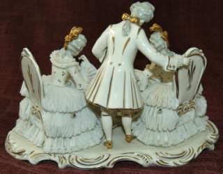 Large Dresden Porcelain Lace Triple Figurine Ladies Playing Chess 7 