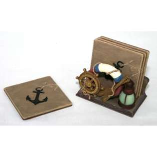 Pc Drink Coaster Set w/Holder in Painted Nautical Design  A 