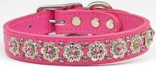 Fancy Jeweled Flower Pink Leather Pet Dog Collar  